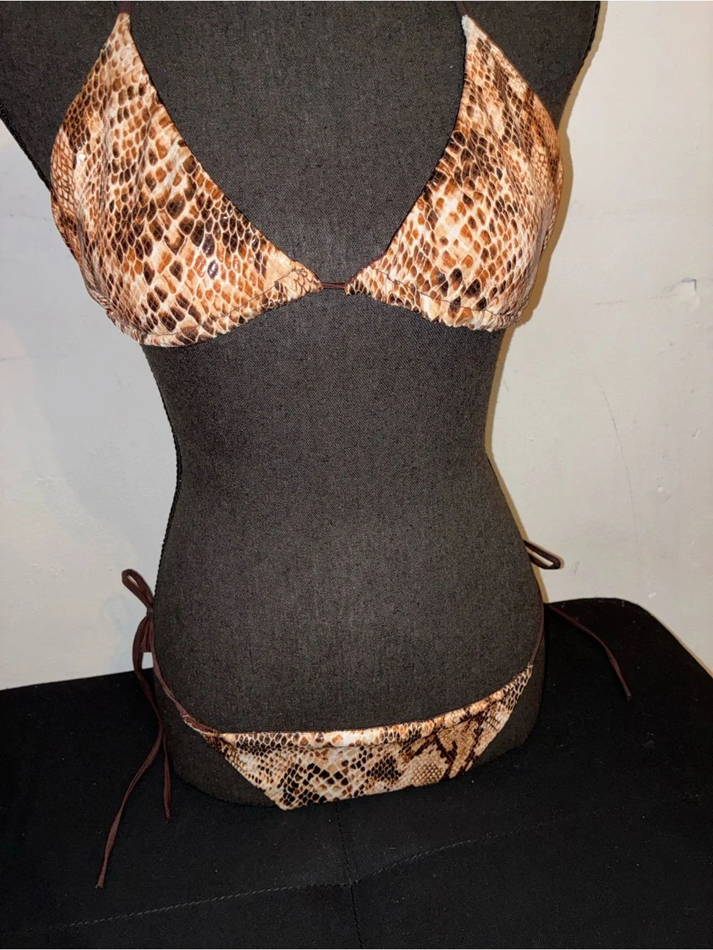 Snake Print Triangle String Bikini - Brown Tones